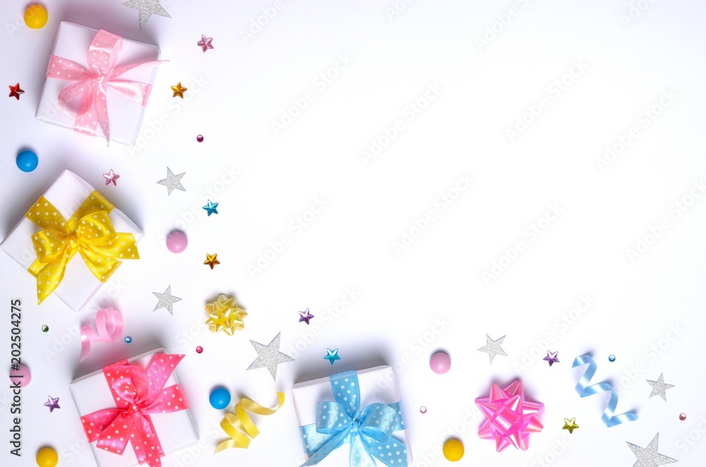 Birthday party background.Gift box on white background.Top view. Space for text. Birthday party background.Gift box on white background.Top view. Space for text.