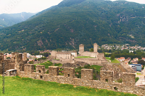 View of beautiful ancient city of Bellinzona in Switzerland with Castelgrande castle from Montebello