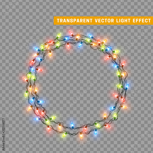 Christmas lights isolated realistic design elements. Glowing lights for Xmas Holiday greeting card design. Garlands decorations. Led neon lamp