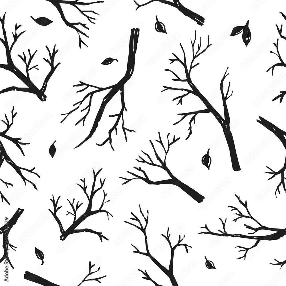 Tree branch seamless background. Pattern with hand drawn sketch of tree twigs and branch.