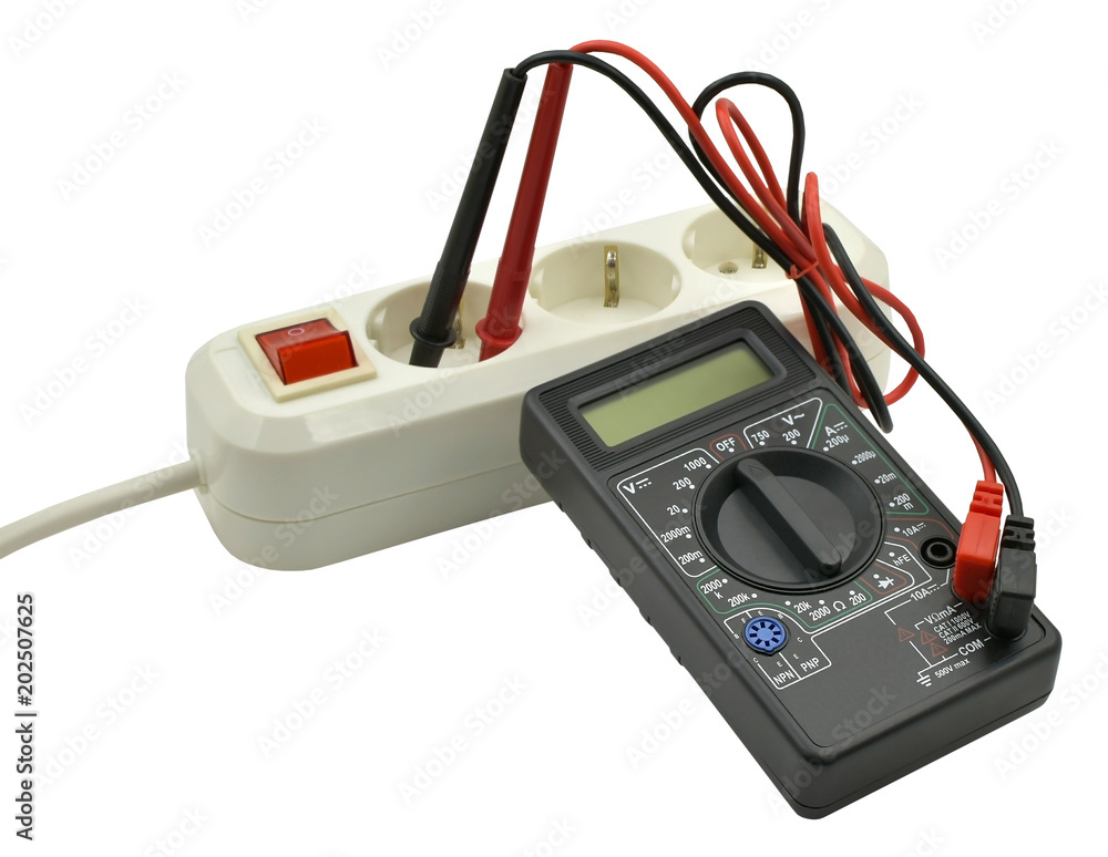 Digital multimeter and electric outlet isolated on white Digital multimeter and electric outlet isolated on white