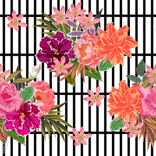Seamless pattern with beautiful garden flowers on striped background. Flower background for textile, cover, wallpaper, gift packaging, printing.Romantic design for calico, silk.
