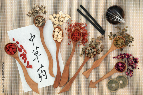 Fototapeta Naklejka Na Ścianę i Meble -  Traditional chinese herbs, acupuncture needles, moxa sticks used moxibustion therapy, feng shui coins and calligraphy script on rice paper on bamboo. Translation reads as chinese herbs. Top view.