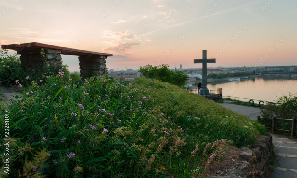 benches at Budapest Gellert hill in sunrise