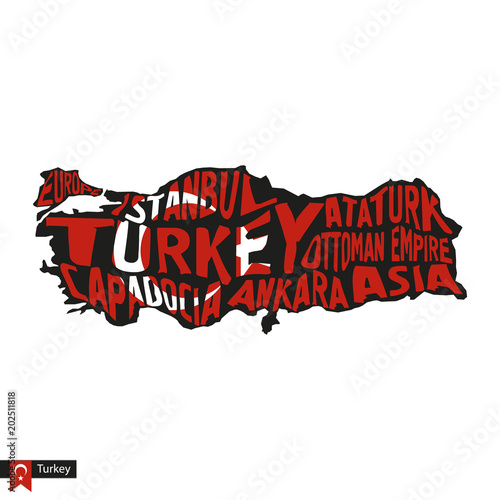 Typography map silhouette of Turkey in black and flag colors.