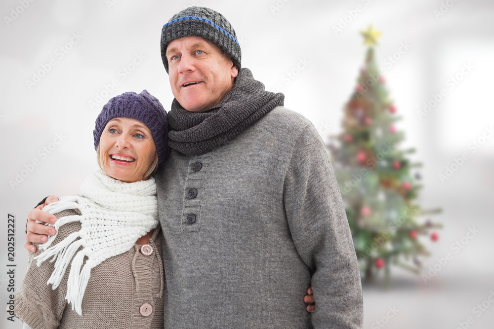 Mature winter couple against blurry christmas tree in room