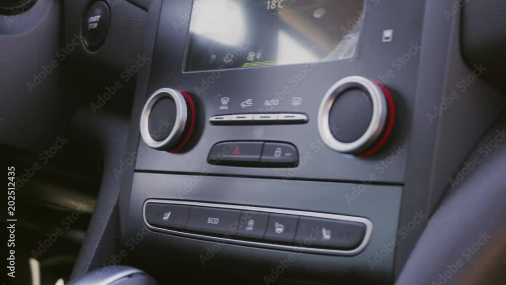 Car interior. Touch screen. Buttons for driving. Start button. 4k Car interior. Touch screen. Buttons for driving. Start button. 4k