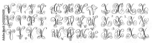 calligraphy letters set V, W and X, script font
