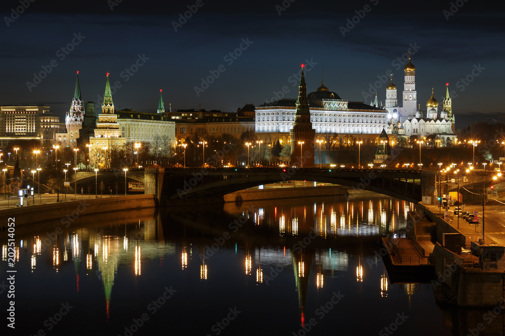 View of Moscow Kremlin at night from the Patriarshiy bridge
