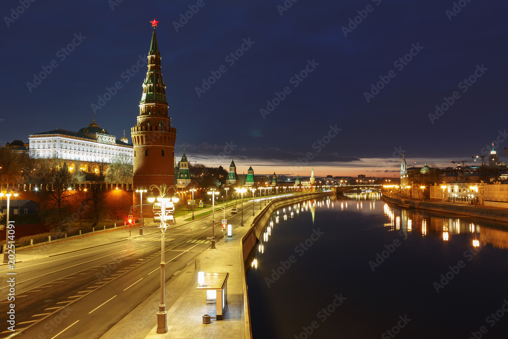 Buildings of Moscow Kremlin and Kremlevskaya embankment at night