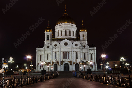 View of the Cathedral of Christ the Saviour with Patriarshiy bridge. Moscow at night