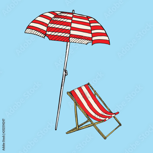 Beach striped open red umbrella and deck chair, beach furniture set, hand drawn doodle, sketch in pop art style, color vector illustration