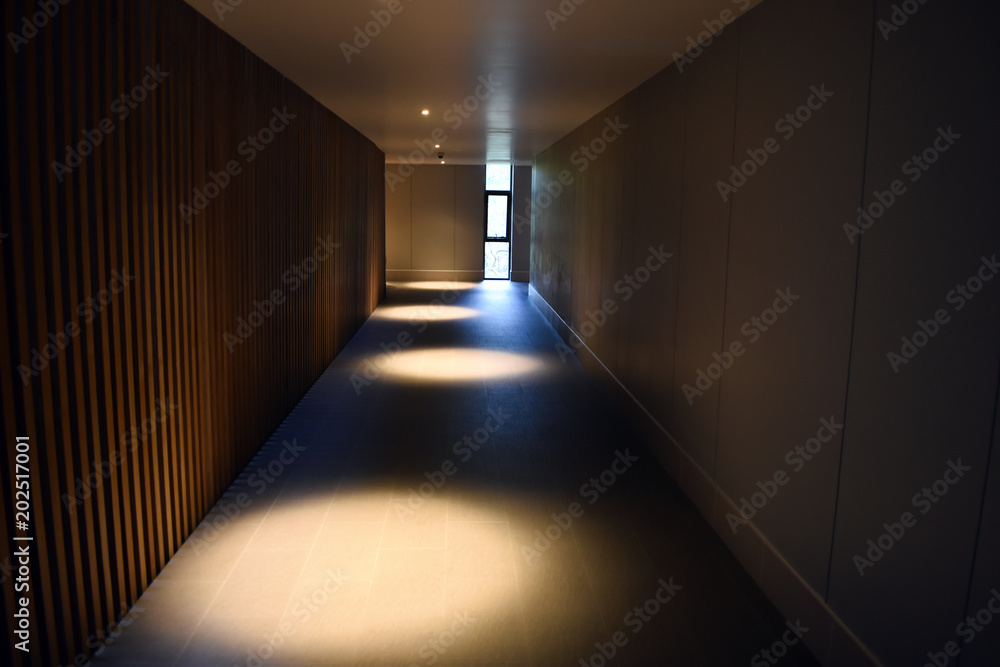 Illuminated walkway. The walls and wooden walls component.