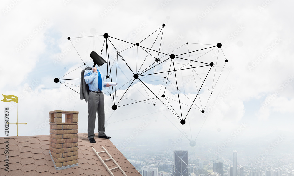 Concept of home security and privacy protection with camera headed man Concept of home security and privacy protection with camera headed man