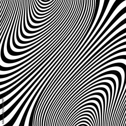 Abstract black and white striped background. Geometric pattern with visual distortion effect. Illusion of rotation. Op art.