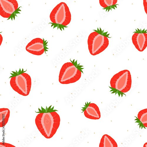 Fototapeta Naklejka Na Ścianę i Meble -  Summer bright berry seamless pattern with strawberry slices. Vector.