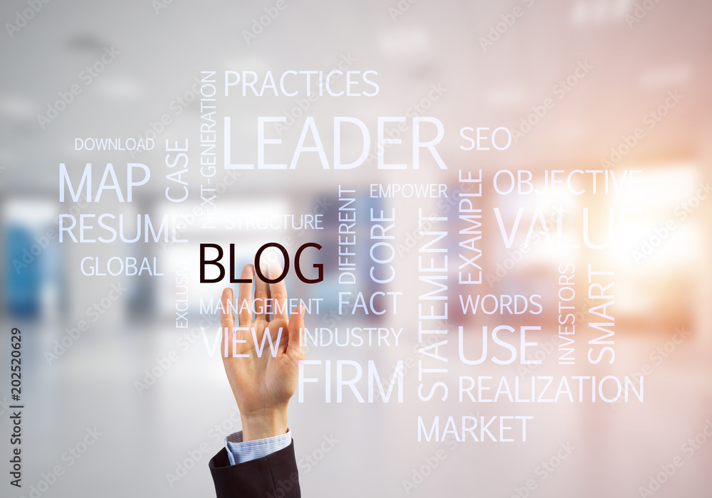 Concept of modern business with palm choocing on of keywords for success Concept of modern business with palm choocing on of keywords for success