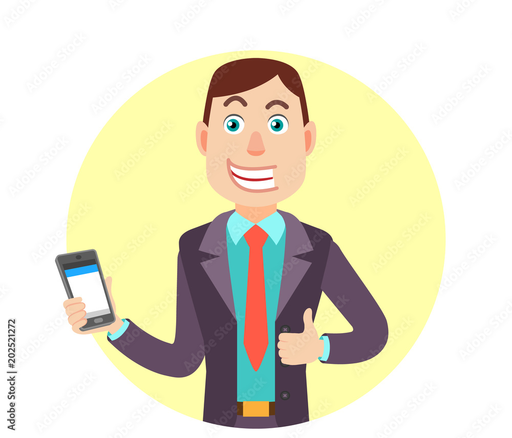 Businessman holding mobile phone and showing thumb up Businessman holding mobile phone and showing thumb up