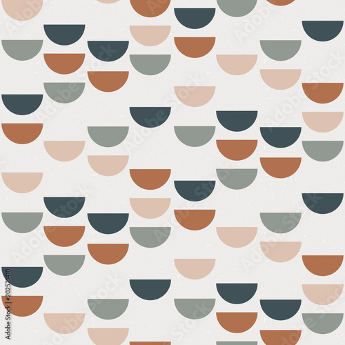 Abstract geometric background with semi circles and circles. Seamless pattern in scandinavian style. Vector wallpaper.