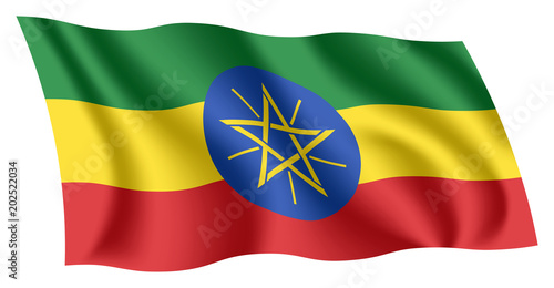 Ethiopia flag. Isolated national flag of Ethiopia. Waving flag of the Federal Democratic Republic of Ethiopia. Fluttering textile ethiopian flag.
