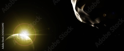 space plot meteorite planet at sunrise,
3D rendering
