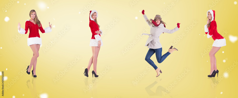 Composite image of different festive blondes against yellow vignette Composite image of different festive blondes against yellow vignette