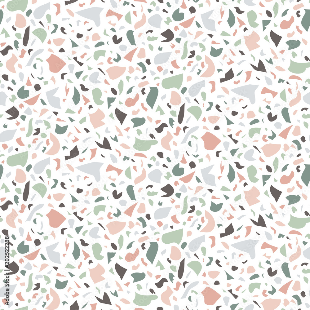 Terrazzo seamless pattern. Print in Classic italian type of floor style .  Vector abstract background with chaotic stains. Green, pink and gray color.