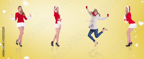 Composite image of different festive blondes against yellow vignette