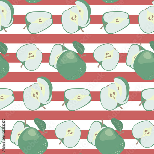 Fresh green apples on a striped red and white background. Seamless pattern. Colorful vector wallpaper. Good for printing.