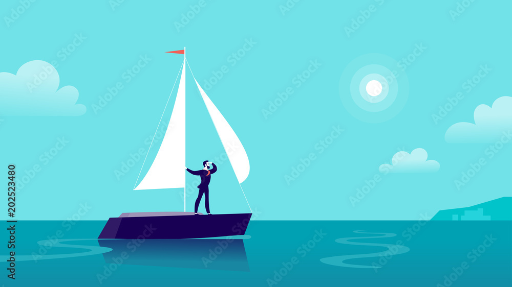 Vector flat business illustration with businessman sailing on ship through ocean towards city on blue clouded sky. Motivation, achievements, new goals, aspirations, leadership, winner - metaphor.