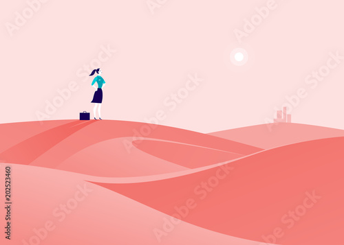 Vector business concept illustration with business lady standing at desert hill & watching on horizon city. Metaphor for new aims, goals, purpose, achievements and aspirations, motivation, overcoming. © artflare