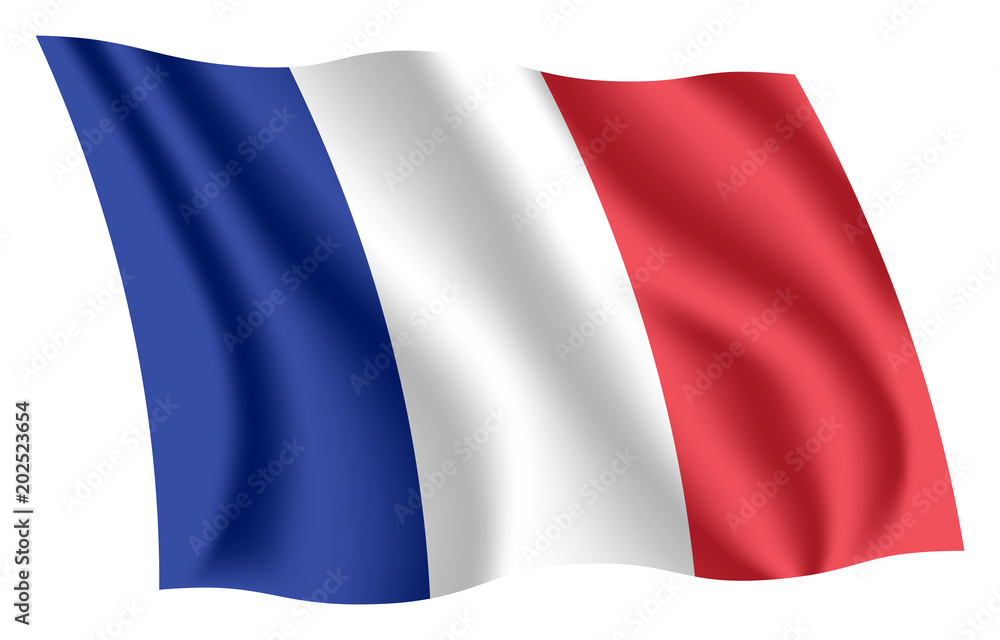 France flag. Isolated national flag of France. Waving flag of the French Republic. Fluttering textile french flag. Tricolour.