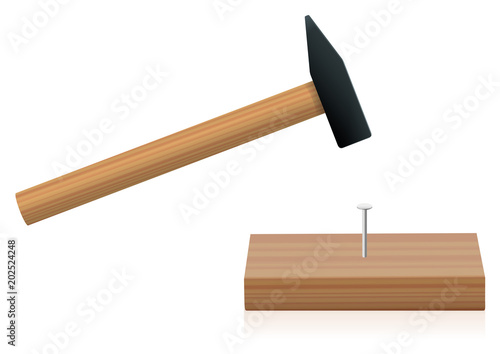 Hammer driving a nail into a plank - isolated vector illustration on white background.