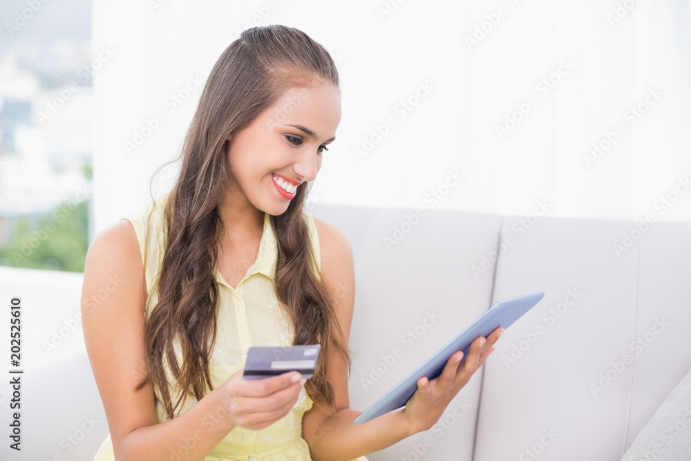Smiling young brunette looking at tablet and credit card Smiling young brunette looking at tablet and credit card