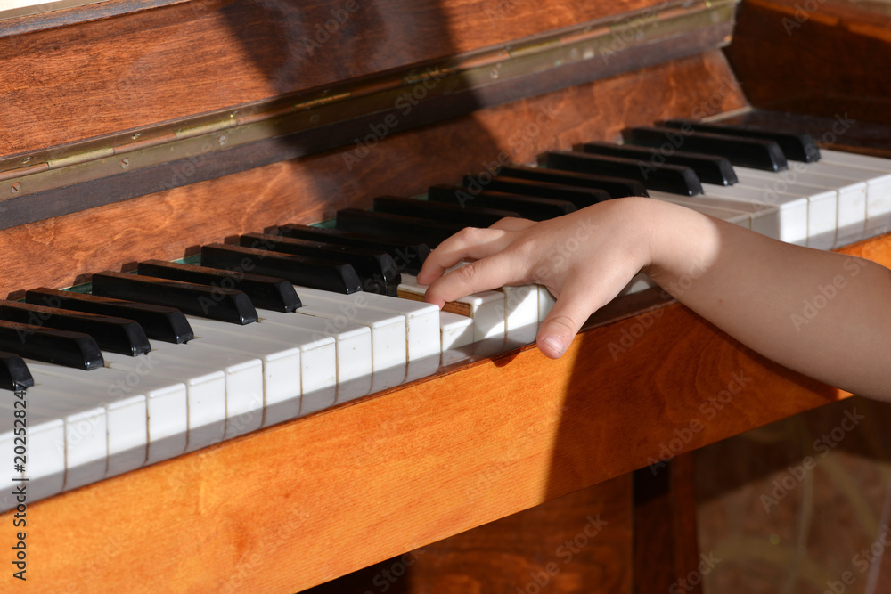 Fototapeta premium The boy plays the brown piano on notes.