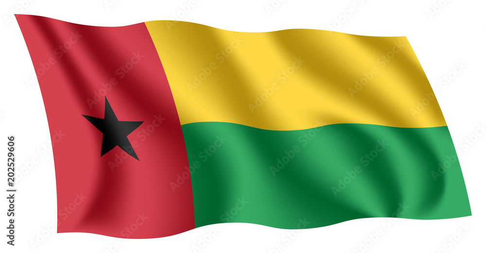Guinea-Bissau flag. Isolated national flag of Guinea-Bissau. Waving flag of the Republic of Guinea-Bissau. Fluttering textile bissau-guinean flag. Guinea-Bissau flag. Isolated national flag of Guinea-Bissau. Waving flag of the Republic of Guinea-Bissau. Fluttering textile bissau-guinean flag.