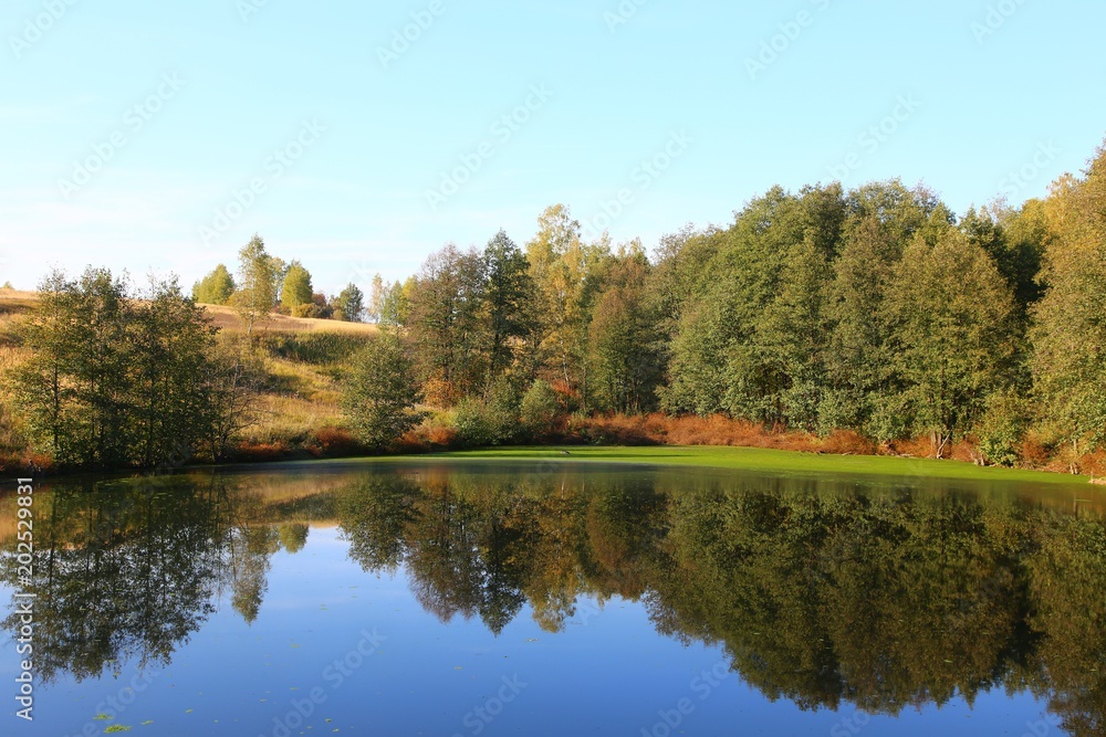 Red and orange autumn foliage reflected in the clear water of the lake. Concept of recreational tourism. Park fantastic beauty. Shining sunny day Red and orange autumn foliage reflected in the clear water of the lake. Concept of recreational tourism. Park fantastic beauty. Shining sunny day