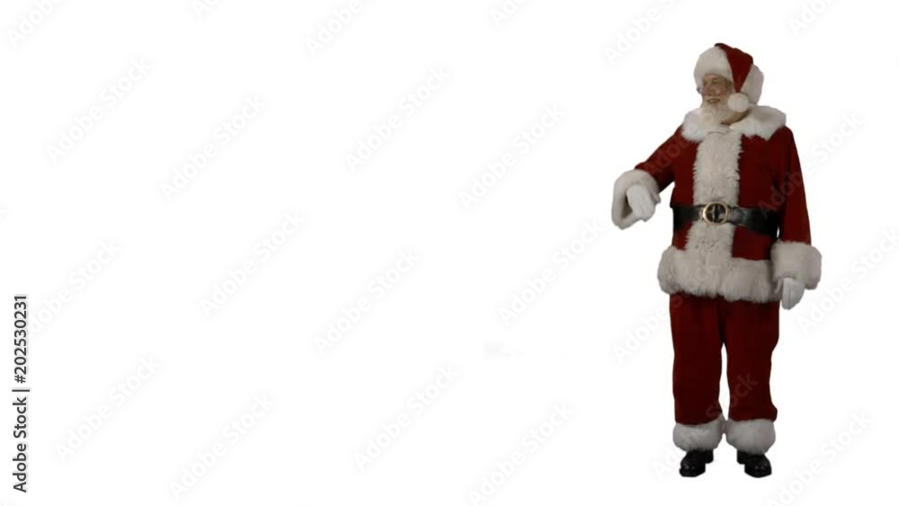 Santa standing on a white background and motioning to the left for text/logo placement and saying Ho Ho Ho Santa standing on a white background and motioning to the left for text/logo placement and saying Ho Ho Ho
