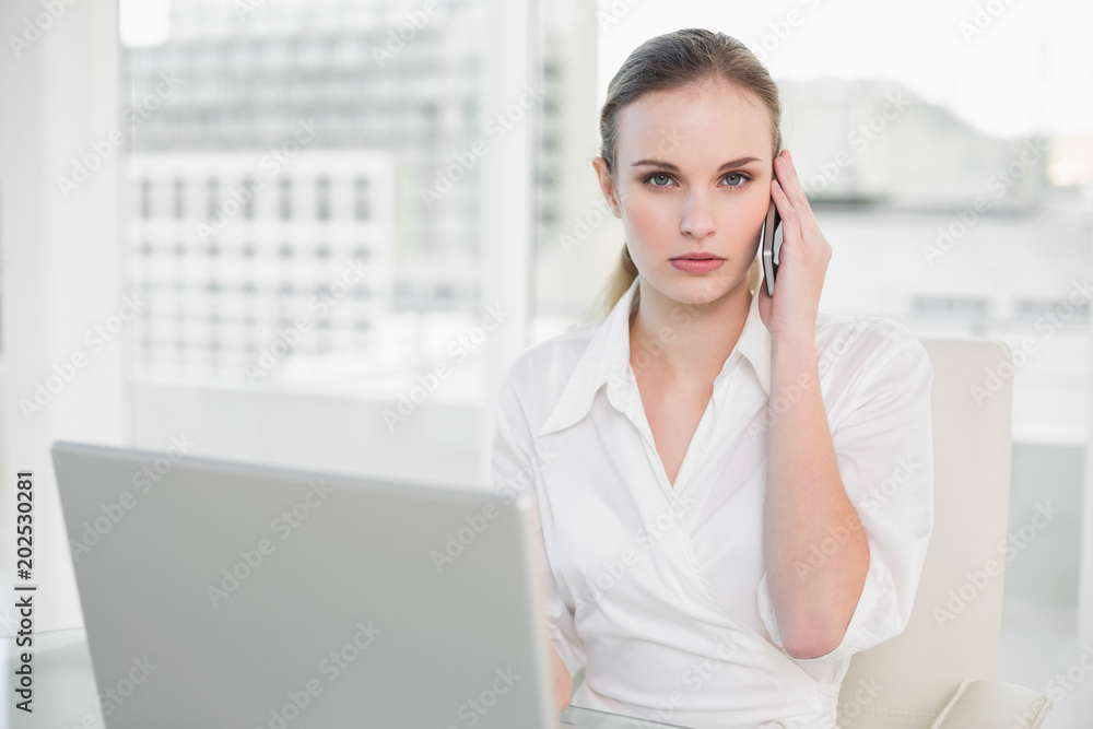Frowning businesswoman using laptop and making a call Frowning businesswoman using laptop and making a call
