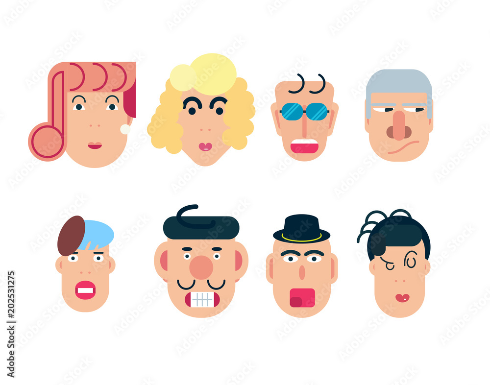 Flat vector characters. Vector avatars with eyes. Smiling happy people. Happy emotions. Vector portraits. Flat vector characters. Vector avatars with eyes. Smiling happy people. Happy emotions. Vector portraits.