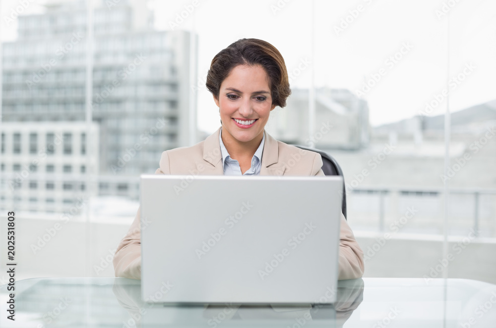 Smiling businesswoman using laptop at her desk Smiling businesswoman using laptop at her desk