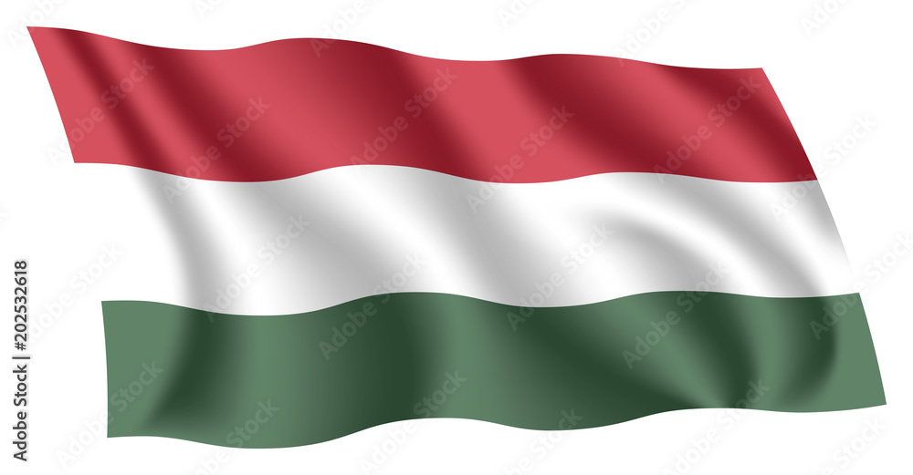 Hungary flag. Isolated national flag of Hungary. Waving flag of Hungary. Fluttering textile hungarian flag.