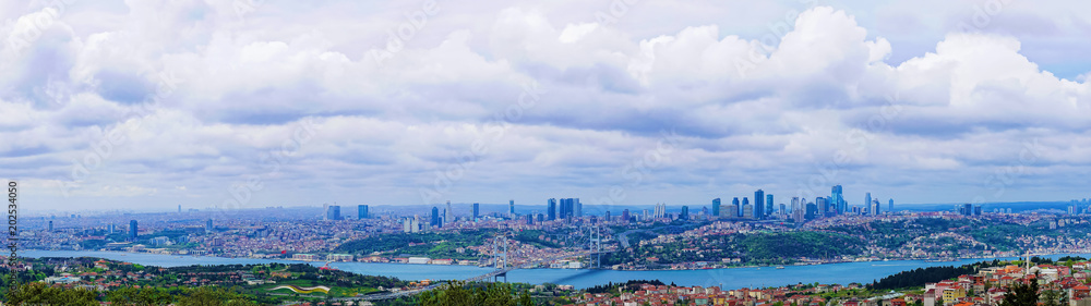 Panoramic view of Istanbul with the Bosphorus bridge between Asia and Europe, Turkey