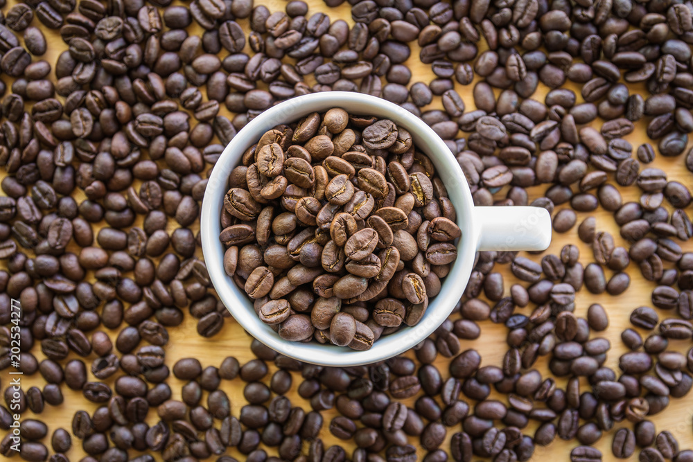 Coffee beans in white coffee cup Coffee beans in white coffee cup