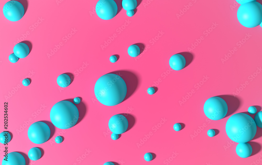 3d render, colored abstract background with balls, geometric shapes