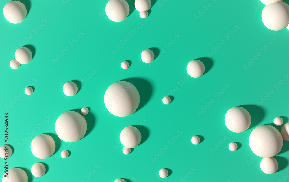 3d render, colored abstract background with balls, geometric shapes