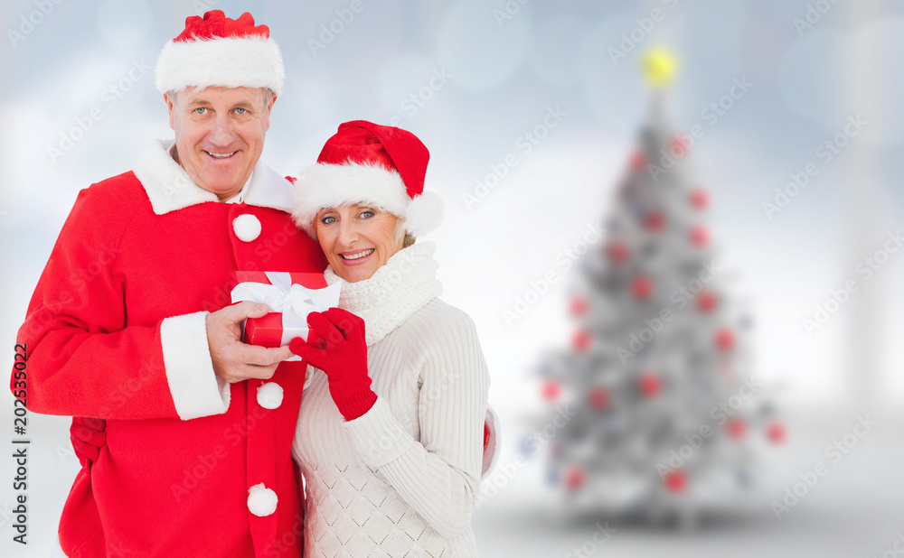 Festive mature couple holding gift against blurry christmas tree in room Festive mature couple holding gift against blurry christmas tree in room