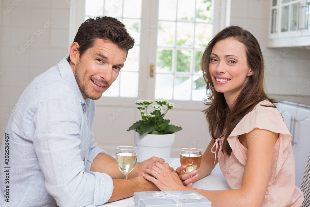 Portrait of smiling couple with wine glasses at home Portrait of smiling couple with wine glasses at home