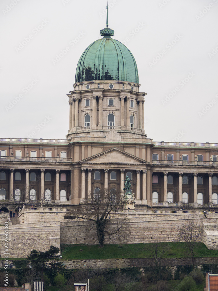 View of the Royal castle in Budapest from Historische Kirche, St.-Stephans-Basilika in Budapest,with a zoom lens