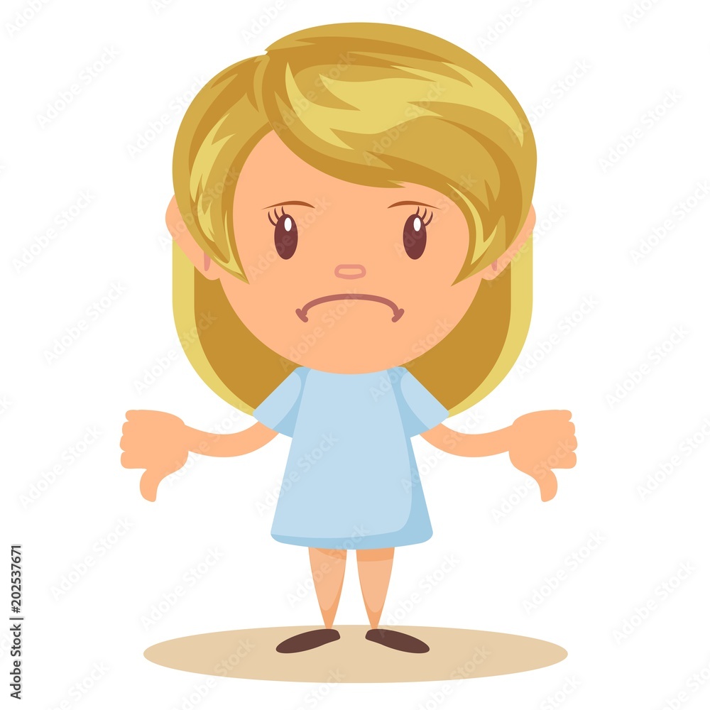 Beautiful young blonde girl sad making thumbs down sign with both hands. Stock flat vector illustration.